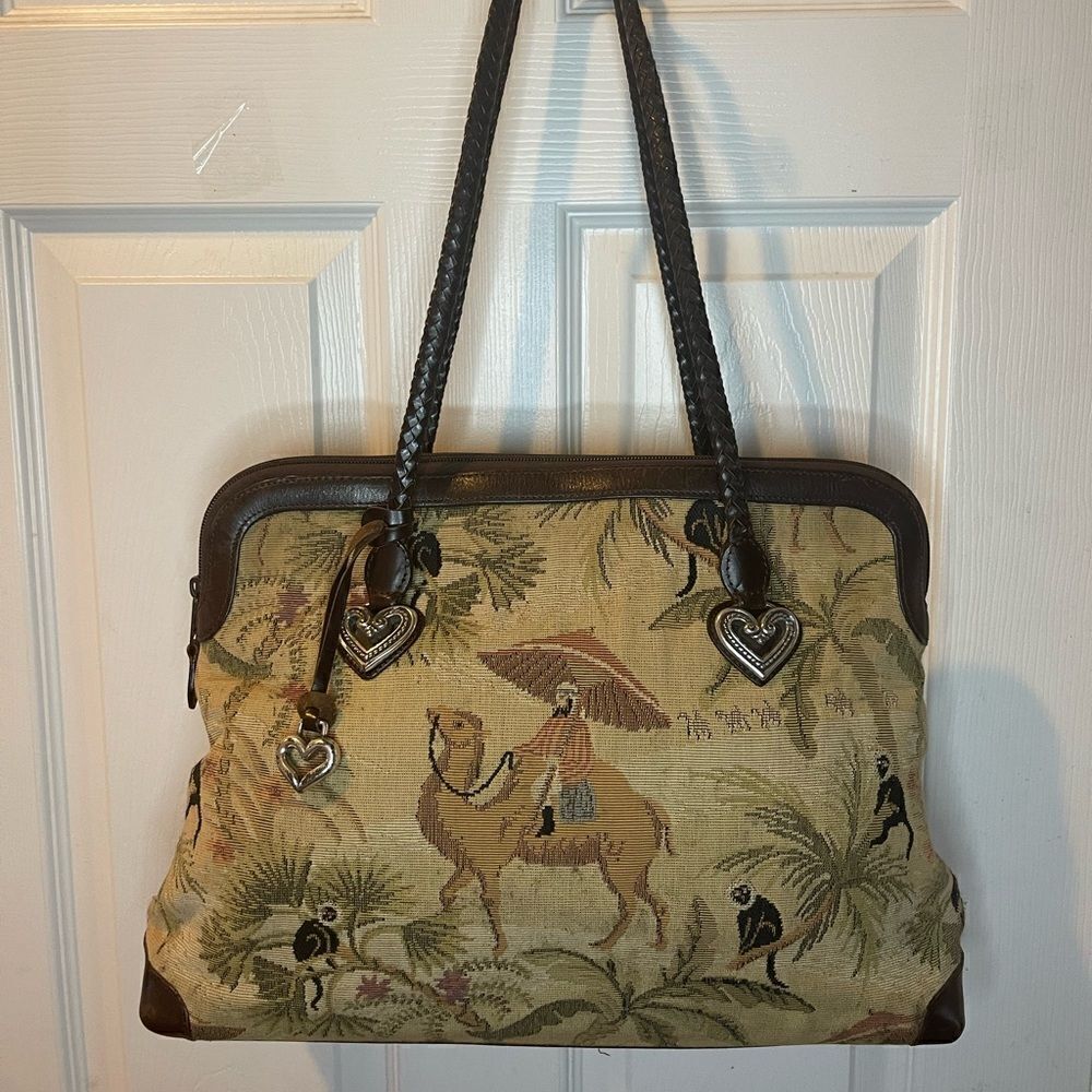 Brighton tapestry Safari prints large shoulder bag braided brown leather straps